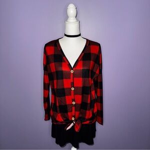 NWT BiBi Red and Black Plaid Button-Up Knit Top